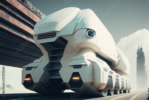 abstract futuristic big truck on road, fictional vehicle and location, autonomous cargo transportation, AV cargo truck, Generative AI photo