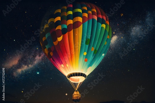 A rainbow-striped hot air balloon drifting through a starry night sky