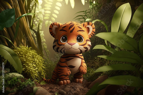 Cute Cartoon Tiger Cub in the Jungle (Created with Generative AI)