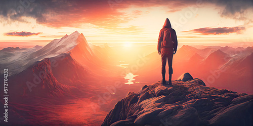 Man reaches the top of the mountain at sunset, travel concept, Generative AI © João Macedo
