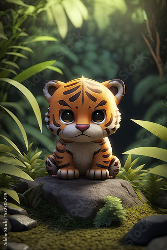Cute Cartoon Tiger Cub in the Jungle  Created with Generative AI 