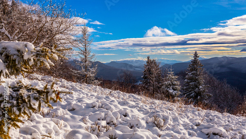 Fototapeta Naklejka Na Ścianę i Meble -  Zimowy krajobraz ze szlaku na Połoninę Caryńską, Bieszczady, Polska