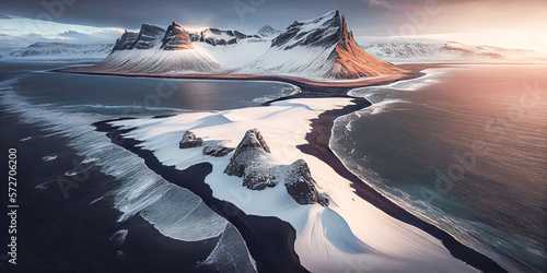 drone winter landscape nature in iceland, Landscape concept, Generative AI	 photo