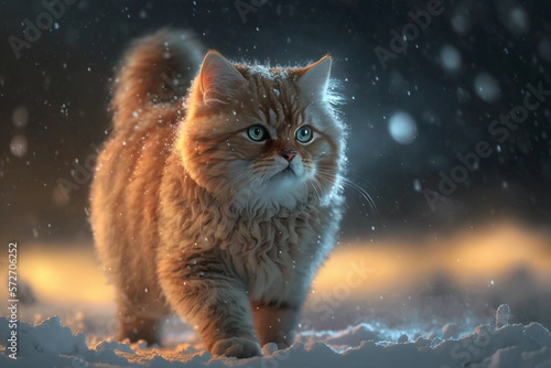 cute fluffy cat walking in the city in winter created with Generative AI technology