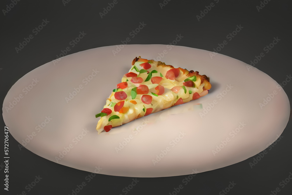 Piece of delicious cheese pizza serve with ham and some vegetable stuff on white dish, Artwork design by generative ai. Piece of delicious cheese pizza serve with ham and some vegetable stuff on white dish, Artwork design by generative ai.