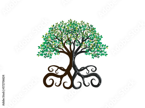 Tree and roots vector, tree with round shape. mangrove tree with curly roots