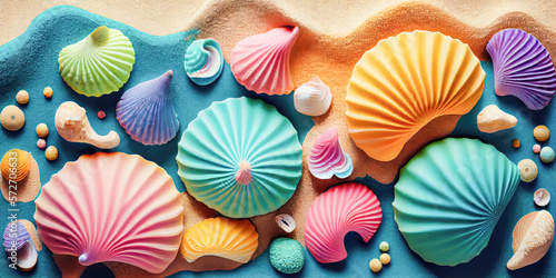 Background for summer holidays. Colored seashells on sandy beach close-up, summer celebration concept, Generative AI