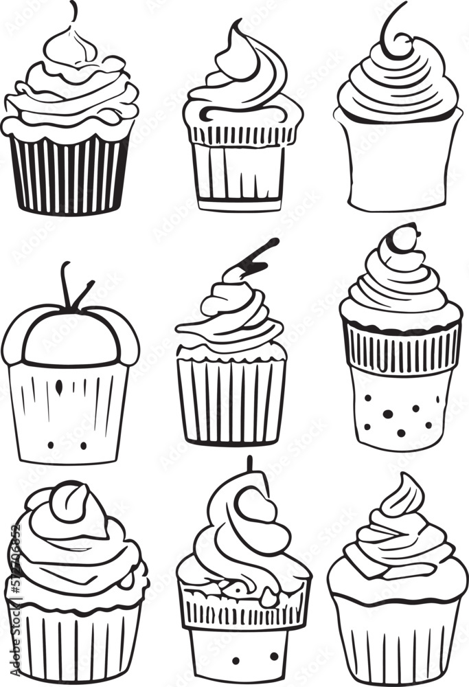 Set of black and white graphic drawings of cupcakes with various types of toppings from fruits, candy and sweets. Colored in pastel colors. Looks delicious and interesting Set of black and white graphic drawings of cupcakes with various types of toppings from fruits, candy and sweets. Colored in pastel colors. Looks delicious and interesting