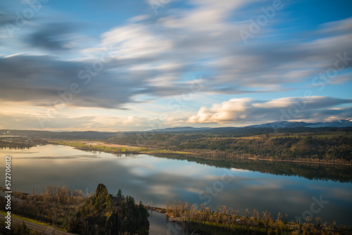 Golden hour landscape views over Rooster Rock State Park and the beautiful Columbia River Gorge, Oregon