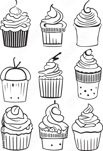 Set of black and white graphic drawings of cupcakes with various types of toppings from fruits, candy and sweets. Colored in pastel colors. Looks delicious and interesting
