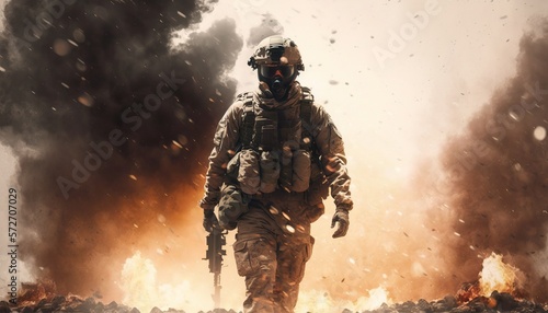 Soldier with Explosion in Background. Post-produced generative AI digital illustration.