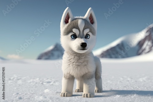 Cute Cartoon Husky Dog on a Snow Landscape (Created with Generative AI)