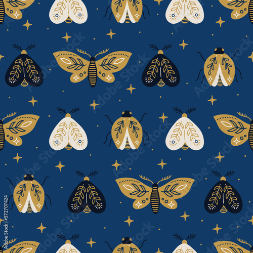 Magic seamless pattern with stars, bugs and moths. Vector illustration