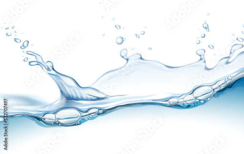 Transparent realistic vector water splash and drop on light background. 