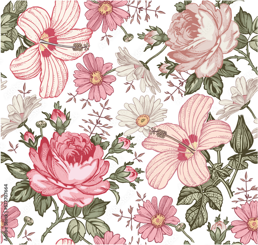 Seamless pattern. Beautiful pink blooming realistic isolated flowers. Vintage background. Set Chamomile Roses hibiscus mallow wildflowers. Wallpaper. Drawing engraving. Vector victorian Illustration