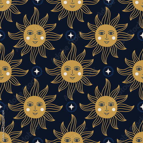 Magic seamless pattern with sun and stars. Vector illustration