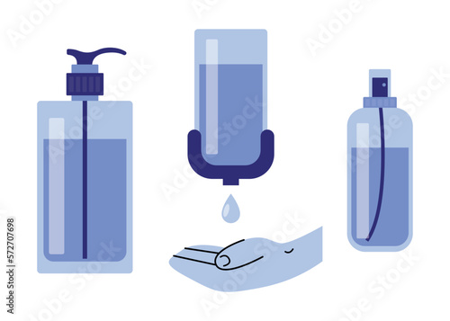Hand sanitizer set. Alcohol rub sanitizer kills bacteria stop viruses coronavirus. Hygiene product. Sanitizer bottle and wall mounted container. Covid-19 spread prevention flat illustration isolated 