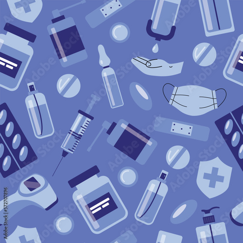 Medicine, pharmacy, hospital seamless pattern drugs, pills, syringe, hand sanitizer. Medication, pharmaceutics, illness, health concept. Vector illustration isolated on background
