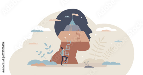 Positive thinking and success attitude or target mindset tiny person concept, transparent background. Optimistic behavior or determination to reach psychological self acceptance.