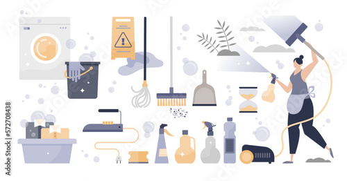 Cleaning set with hygiene care tool supply elements collection tiny person concept, transparent background. Household detergents and cleanup washing work objects illustration.