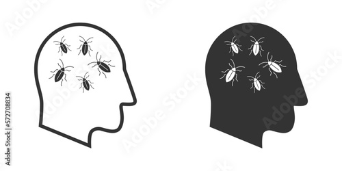Human head icon with cockroaches inside. Vector illustration.