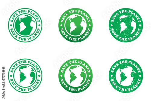 Save the planet icon. Round badge with lettering. Flat vector illustration.