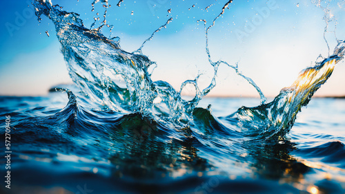 water splash on the ocean surface, Blue transparent water splashes and drops