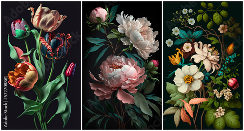 Lush vintage floral art wallpaper panel collection with peony and tulip Generative AI