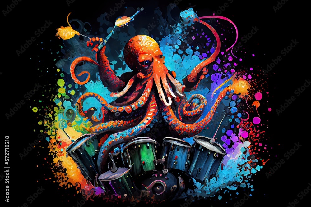Generative AI illustration of a giant octopus playing the drums in a ...