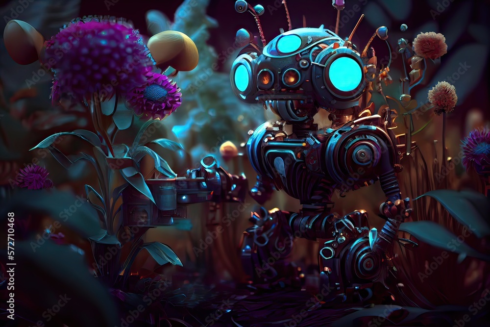 Generative AI illustration of the garden of bio luminescence, a steam punk robot tending to an otherworldly flower bed Generative AI illustration of the garden of bio luminescence, a steam punk robot tending to an otherworldly flower bed