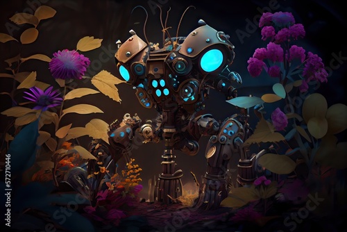 Generative AI illustration of the garden of bio luminescence, a steam punk robot tending to an otherworldly flower bed photo