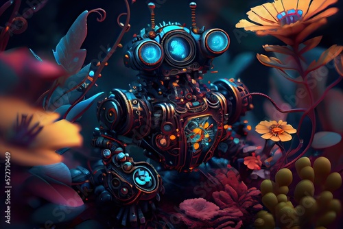 Generative AI illustration of the garden of bio luminescence  a steam punk robot tending to an otherworldly flower bed