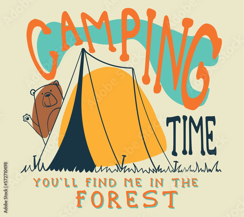 Great outdoor cute bear and camping print design for t-shirt. Wild camping. 