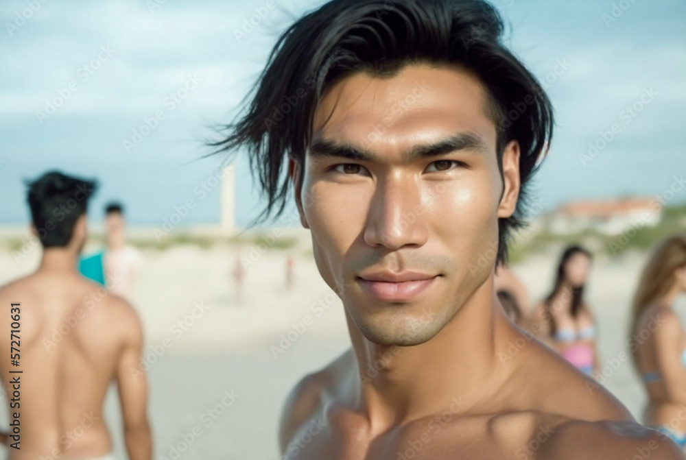 gay young adult asian man on the beach, fictional place and person, Generative AI