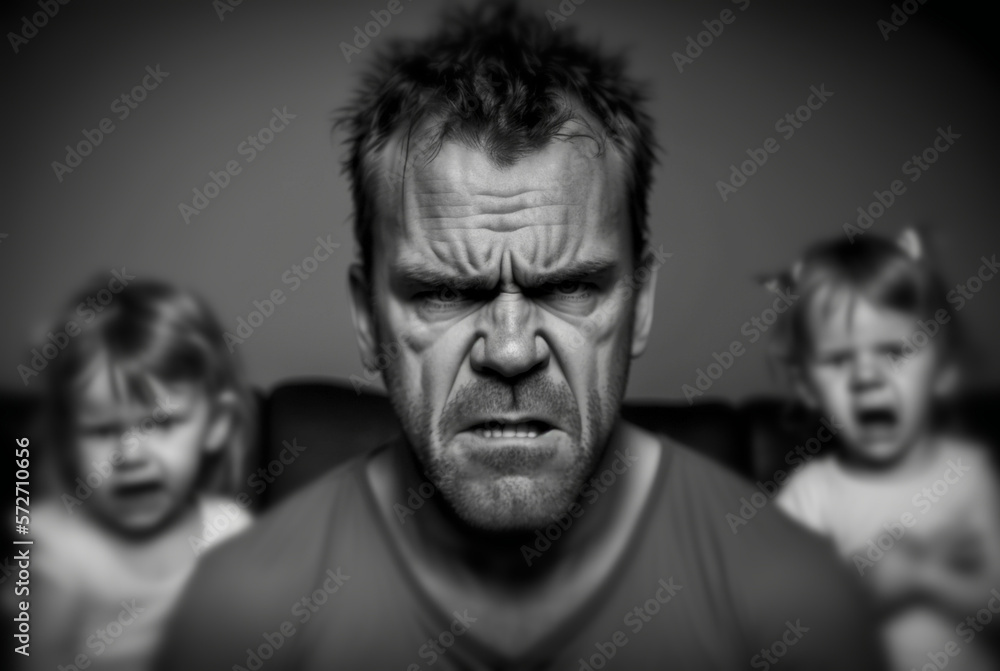 a father is depressed or at the end of his strength, stress or problems with two crying children, Generative AI a father is depressed or at the end of his strength, stress or problems with two crying children, Generative AI