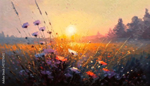 Golden sun over a wild flower meadow impressionist oil painting style Generative AI