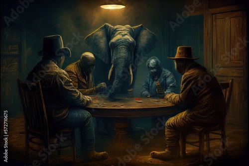 Generative AI illustration of African elephants playing poker in a smoky room, the elephant poker game