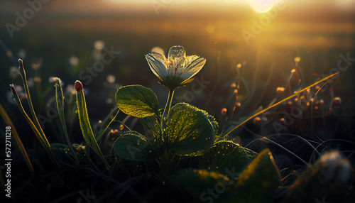 Blooming dewy flower basking in morning sunshine, Generative AI