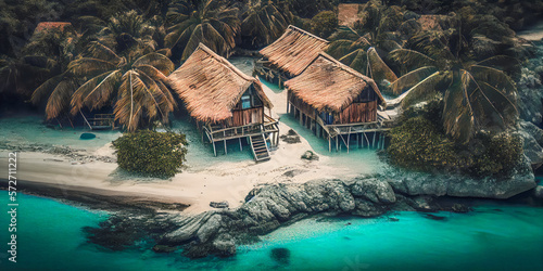 paradise island with several wooden huts, tropical environment, travel concept, Generative AI