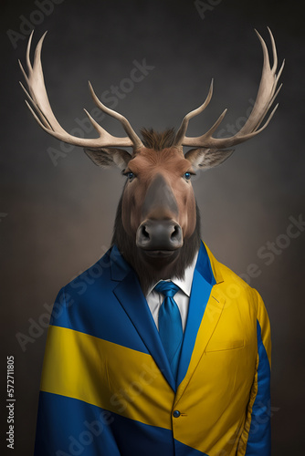 portrait of a eurasian elk wearing a suit jacket and tie in the colors of the swedish flag, illustration made with generative ai