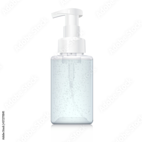 Transparent square bottle with blue liquid. Pump for foam soap isolated on white background. Clear plastic flacon mockup template. Packaging mock up. Realistic 3d vector foam soap dispenser. 450 ml