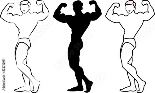 bodybuilder pose. stock illustration. Black silhouette. Black outline with thinning, black outline. Front view.