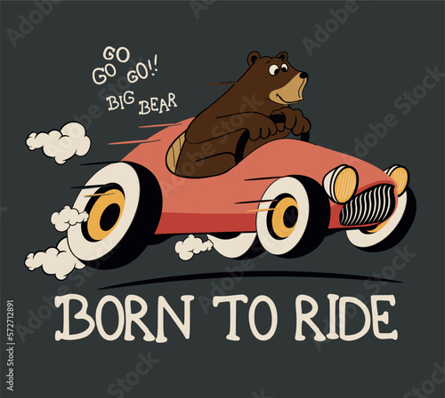 character illustration of a racer bear driving a race car to print a t-shirt