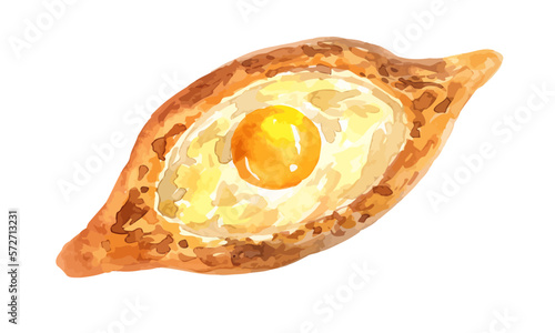 Vector Georgian food Adjara khachapuri. Pastry with egg and cheese. Hand drawn watercolor food illustration. Isolated on white background.