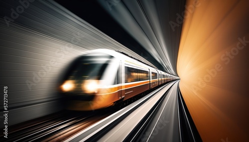 Fast moving train blur in tunnel, generative ai