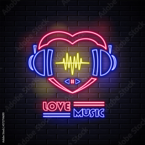 love music. Glowing neon light icon. romantic music with colorful neon lights isolated on brick wall background. Vector illustration