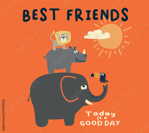 vector lion and elephant and rhino comic illustration for kids print