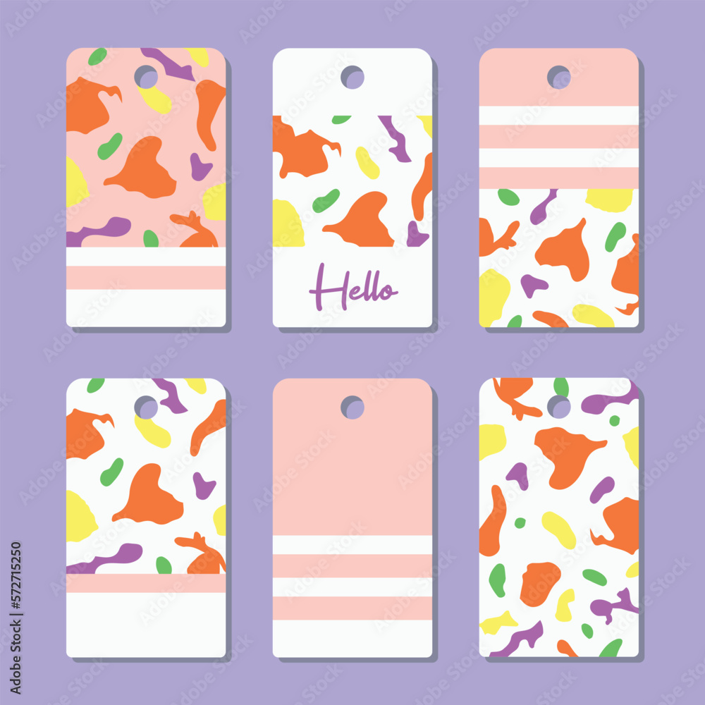 Trendy tag set with uneven shapes for print. Vector illustration. Colorful gift tags collection with hand drawn elements. 