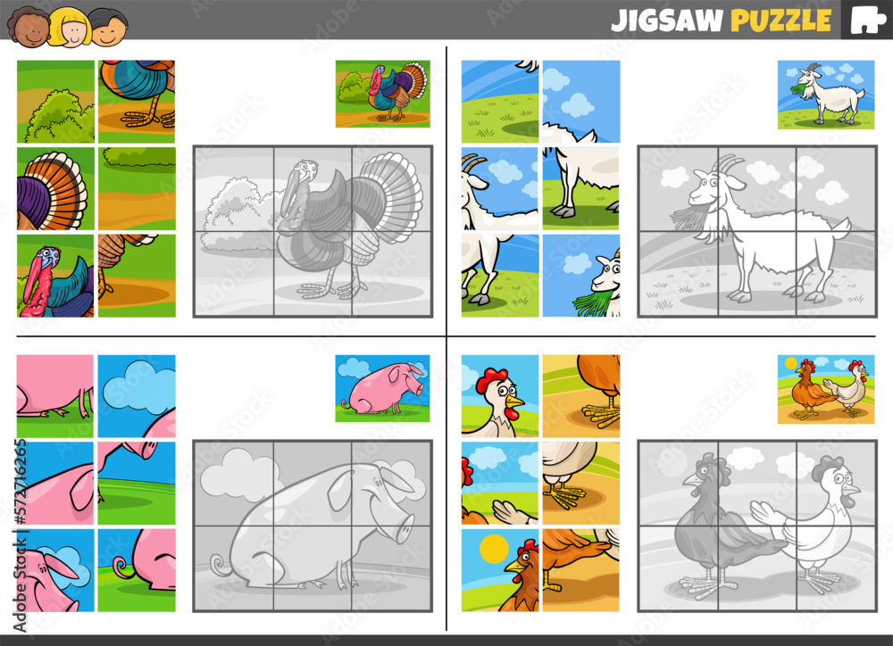jigsaw puzzle game set with comic farm animals