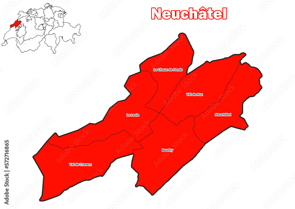 Karte des Kanton Neuchâtel mit Bezirksnamen und Standort auf der Karte der Schweiz Stock